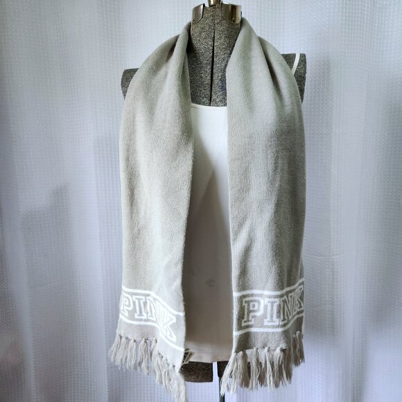 Victoria's Secret Pink Fashion Scarf Thick Warm Knit with Fringes Grey and White - Picture 1 of 7